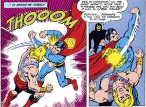 Superman enfrentando He-Man em Eternia nas páginas do crossover de 1982