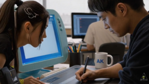 Intercaladores desenhando os quadros intermediários (douga) de um anime
