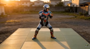 Elenco de uma série de Tokusatsu posando com uniformes de heróis